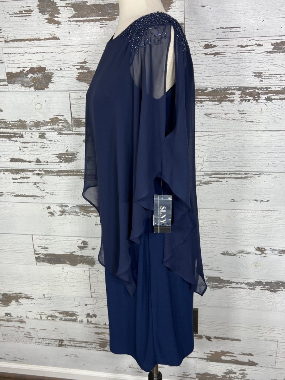 SL FASHIONS Chiffon Overlay Cape Sleeve Dress Navy Sz 6 NWT - Picture 3 of 8